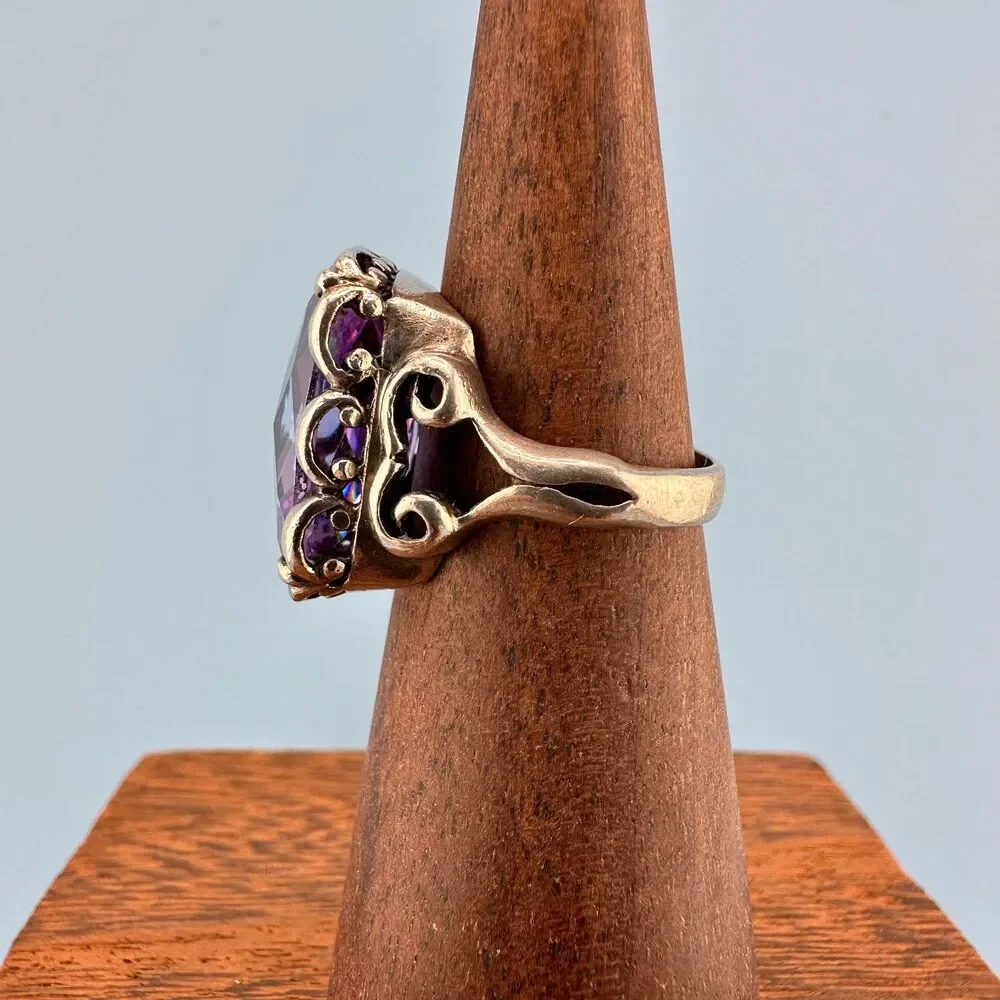 Vintage Sterling Silver Purple Stone Ring Simulated Spinel Large Faceted 6.5